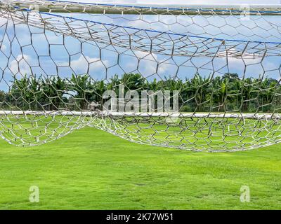 Blick durch das Tor des Ootballs auf einen großen Fußballplatz mit grünem Rasen, Tor gegenüber und Bäumen. Sport, Mannschaftssport Stockfoto