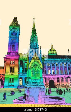 Birmingham City Centre in hellen, lebendigen Farben, eine Reihe von digitalen Kunstwerken inspiriert von der farbenfrohen und vielfältigen Gemeinde Birmingham Stockfoto