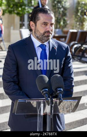 Der libanesische Premierminister Saad Hariri spricht am 20. September 2019 im Rahmen einer Pressekonferenz im Elysée-Palast in Paris, Frankreich, mit den Medien. Stockfoto