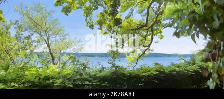 Möhnesee Panorama eingerahmt von Blättern. See im Sauerland mit Segelschiffen. Blauer Himmel. Vektorgrafik in Low-Poly-Art. Stock Vektor