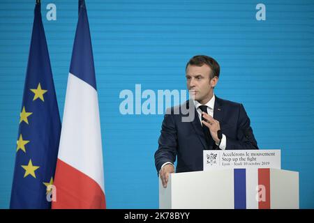 Emmanuel Macrons Besuch in Lyon am 10. Oktober 2019 - Präsident Emmanuel Macron hält eine Rede während der Auffüllungskonferenz 6. des Globalen Fonds zur Bekämpfung von AIDS, Tuberkulose und Tuberkulose Malaria am 10. Oktober 2019 in Lyon. Stockfoto