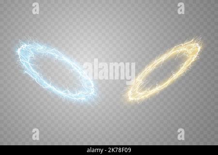 Magische Portale in der Nachtszene. Blaue und goldene runde Hologramme mit Lichtstrahlen und Funkeln. Glühender, futuristischer Teleportunnel mit Kopieplatz Stock Vektor
