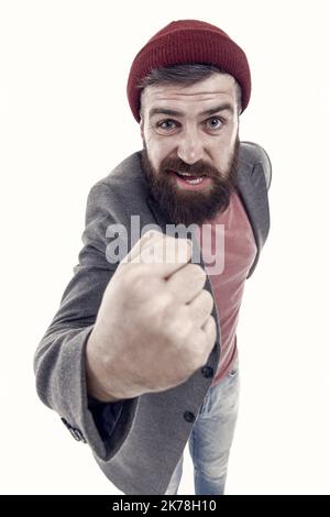 Schule der guten Manieren. Tipps und Tricks schöner Mann. Arroganter, unfreundlicher Hipster-Mann. Bärtig und hübsch. Selbstverbesserungskonzept. Bärtiger Hipster Stockfoto