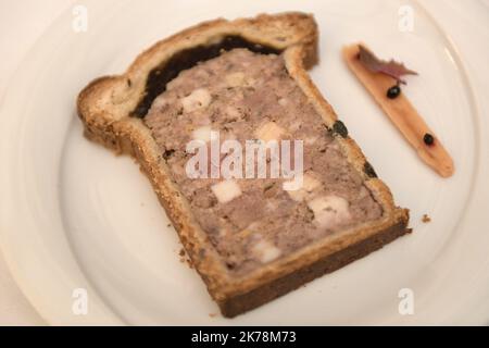 Championnat du monde de pâté Croute à Lyon le 2 décembre 2019 -'pâté en croute de gibier à plumes et de sarrasin' par Quentin Cardi (La Mère Brazier à Lyon) au cours de la finale du championnat du monde de pâté croute 2019 au Restaurant Selcius à Lyon. World Pie Championship in Lyon Stockfoto