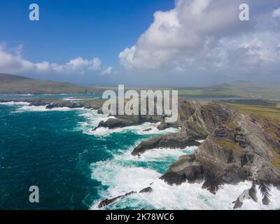 Irland, Grafschaft Kerry - die Kerry Cliffs stehen über 1000ft über dem wilden Atlantik, wahrscheinlich der spektakulärste in Kerry. Drohne geschossen. Stockfoto