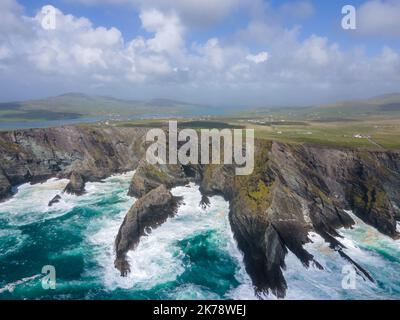 Irland, Grafschaft Kerry - die Kerry Cliffs stehen über 1000ft über dem wilden Atlantik, wahrscheinlich der spektakulärste in Kerry. Drohne geschossen. Stockfoto