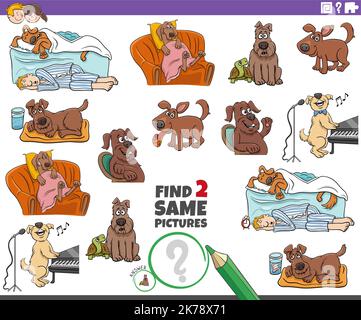 Cartoon Illustration der Suche nach zwei gleichen Bildern pädagogische Spiel mit Comic-Hunde Comic-Tierfiguren Stock Vektor