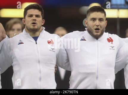 Julien Marchand und Cyril Baille aus Frankreich während des Guinness Six Nations 2020, Rugby-Union-Spiels zwischen Wales und Frankreich am 22. Februar 2020 im Fürstentum Stadium in Cardiff, Wales - Foto Laurent Lairys / MAXPPP Stockfoto