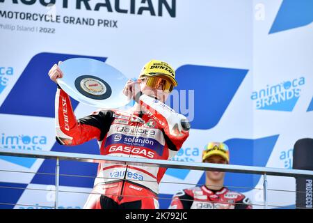 Phillip Island Circuit, Melbourne, Australien. 16. Oktober 2022. Izan Guevara gewinnt die Moto-3-Weltmeisterschaft nach einem Vierkampf um den Titel. Stockfoto