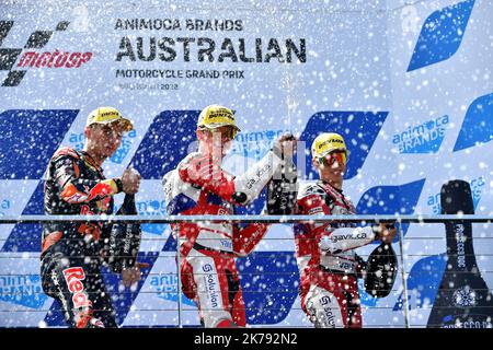 Phillip Island Circuit, Melbourne, Australien. 16. Oktober 2022. Izan Guevara gewinnt die Moto 3-Weltmeisterschaft nach einem Vierkampf. Stockfoto