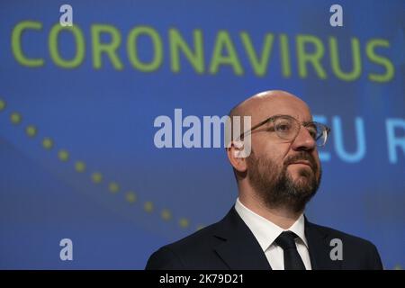 / 15/04/2020 - Belgien / Brüssel - die jeweiligen Präsidenten der Europäischen Kommission und des Europarates haben heute eine Pressekonferenz zur Lage des Coronavirus in Europa und zur Reaktion auf die Krise abgehalten Stockfoto