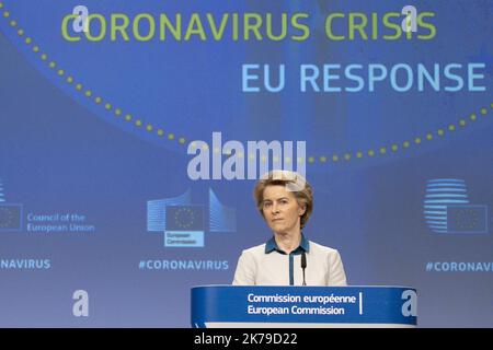 / 15/04/2020 - Belgien / Brüssel - die jeweiligen Präsidenten der Europäischen Kommission und des Europarates haben heute eine Pressekonferenz zur Lage des Coronavirus in Europa und zur Reaktion auf die Krise abgehalten Stockfoto