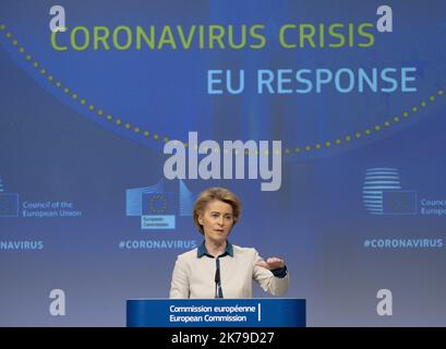 / 15/04/2020 - Belgien / Brüssel - die jeweiligen Präsidenten der Europäischen Kommission und des Europarates haben heute eine Pressekonferenz zur Lage des Coronavirus in Europa und zur Reaktion auf die Krise abgehalten Stockfoto