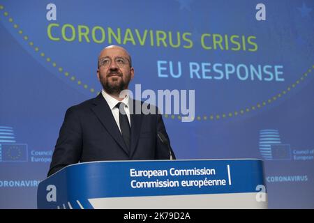 / 15/04/2020 - Belgien / Brüssel - die jeweiligen Präsidenten der Europäischen Kommission und des Europarates haben heute eine Pressekonferenz zur Lage des Coronavirus in Europa und zur Reaktion auf die Krise abgehalten Stockfoto