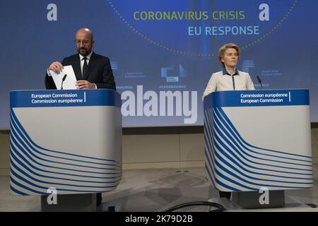 / 15/04/2020 - Belgien / Brüssel - die jeweiligen Präsidenten der Europäischen Kommission und des Europarates haben heute eine Pressekonferenz zur Lage des Coronavirus in Europa und zur Reaktion auf die Krise abgehalten Stockfoto