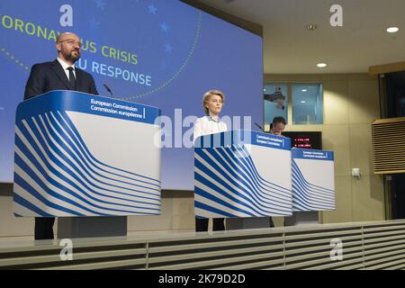 / 15/04/2020 - Belgien / Brüssel - die jeweiligen Präsidenten der Europäischen Kommission und des Europarates haben heute eine Pressekonferenz zur Lage des Coronavirus in Europa und zur Reaktion auf die Krise abgehalten Stockfoto