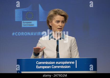 / 15/04/2020 - Belgien / Brüssel - die jeweiligen Präsidenten der Europäischen Kommission und des Europarates haben heute eine Pressekonferenz zur Lage des Coronavirus in Europa und zur Reaktion auf die Krise abgehalten Stockfoto