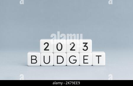 2023 Budgetnachricht auf Blockform isoliert auf blauem Hintergrund. Speicherplatz kopieren Stockfoto