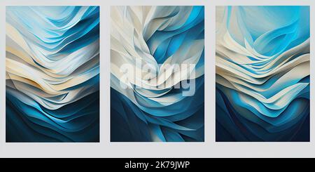 Hellblauer und weißer Fraktal-Leinwanddruck, abstrakte Linienkunst, bedruckbare Wandkunst, minimalistisches Poster. 3D Moderne Wandbilder, filigrane Stockfoto