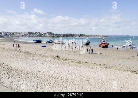 Frankreich / Bretagne / Saint Brieuc - Demonstration am zentralen Strand von Erquy (Bucht von Saint Brieuc) gegen den Windpark, der das Licht der Welt erblicken wird. Ailes Marines und RTE planen, hundert Windturbinen etwa fünfzehn Kilometer vom Ufer entfernt zu installieren und ein 225.000-Volt-Kabel unter dem Strand zu vergraben, um Strom zu transportieren. Stockfoto