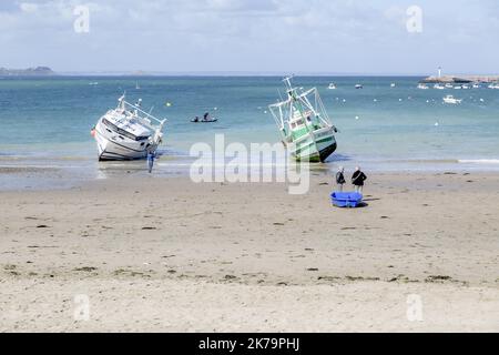 Frankreich / Bretagne / Saint Brieuc - Demonstration am zentralen Strand von Erquy (Bucht von Saint Brieuc) gegen den Windpark, der das Licht der Welt erblicken wird. Ailes Marines und RTE planen, hundert Windturbinen etwa fünfzehn Kilometer vom Ufer entfernt zu installieren und ein 225.000-Volt-Kabel unter dem Strand zu vergraben, um Strom zu transportieren. Stockfoto