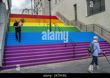 Nantes; 06/08/2020; LGBT. Nach den aufeinanderfolgenden Abbauarbeiten wurden die Stufen der Priden von Nantes, die Treppe der Rue de Beaurepaire, gerade in den Farben des homosexuellen Kampfes der Militanten von Nosig-LGBT für den Monat Pride neu gestrichen. Foto Olivier Lanrivain Stockfoto