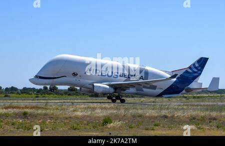 PERPIGNAN AM 22. Juni 2020 / Luftfahrt / die BELUGA XL der Firma Airbus führt im starken Wind (Tramontan) am Flughafen Perpignan Touch and Go durch. Stockfoto