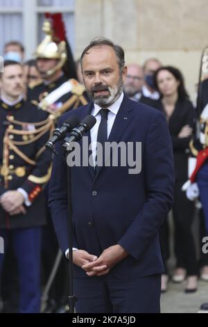 ©Sebastien Muylaert/MAXPPP - der ehemalige französische Premierminister Edouard Philippe hält eine Rede während der Übergabezeremonie im Matignon Hotel in Paris. 03.07.2020 Stockfoto