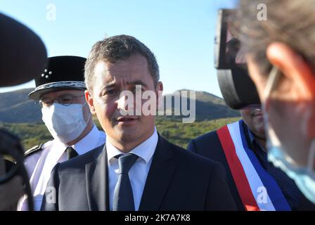 Â©PHOTOPQR/L'INDEPENDANT/MICHEL CLEMENTZ CLEMENTZ MICHEL ; PERPIGNAN ; 11/07/2020 ; CALCE LE 11 JUILLET 2020 / POLITIQUE / VISITE DU MINISTRE DE L'INTERIEUR GERALD DARMANIN AU COL DE LA DONA / VISITE DES POMPIERS QUI ONT LUTTES SUR L'INCENDIE DE CES DERNIERS JOURS / - 2020/07/16. BESUCH VON INNENMINISTER GERALD DARMANIN. Stockfoto