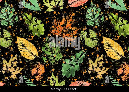 Abstrakte Herbst Danksagungsblatt Aquarell Spuren horizontalen Hintergrund. Zarte bunte Aquarell Blätter Ornament auf schwarzem Hintergrund. Stockfoto