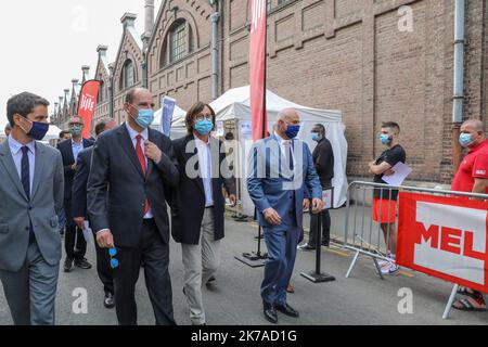 ©PHOTOPQR/VOIX DU Nord/Thierry THOREL ; 03/08/2020 ; VISITE DU PREMIER MINISTRE - Le Premier Ministre Jean Castex etait dans la Metropole Lilloise pour la mise en place de l'Obligation du Port des Masques dans la rue - Le 3 aout 2020 - A Lille - Foto : THIERRY THOREL / La Voix du Nord - 2020/08/03. Premierminister Jean Castex war in der Metropole Lille für die Umsetzung der Verpflichtung, Masken auf der Straße zu tragen Stockfoto