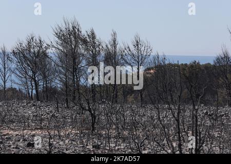 ©PHOTOPQR/LA PROVENCE/Serge Gueroult ; Martigues ; 05/08/2020 ; Incentidie de Martigues, plus de 1800 pompiers encore mobilisés ce matin. Plus de mille hectars sont partis en fumée et deux campings entièrement détruits. Lou Cigalon et Les Tamaris . - 2020/08/05. Martigues feuern, mehr als 1800 Feuerwehrleute mobilisierten heute Morgen noch. Mehr als tausend Hektar sind in Rauch aufgegangen und zwei Campingplätze wurden vollständig zerstört Stockfoto