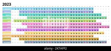 Kalender linear für 2021 Jahr. Briefpapier Design Druckvorlage. Jahreskalenderplaner. Set mit 12 Monaten. Zeitplanvorlage mit Monaten. Die Woche beginnt Stock Vektor