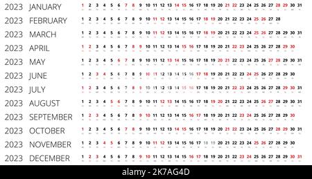 Kalender linear für 2021 Jahr. Briefpapier Design Druckvorlage. Jahreskalenderplaner. Set mit 12 Monaten. Zeitplanvorlage mit Monaten. Die Woche beginnt Stock Vektor