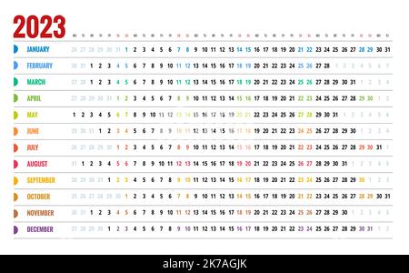 Kalender linear für 2021 Jahr. Briefpapier Design Druckvorlage. Jahreskalenderplaner. Set mit 12 Monaten. Zeitplanvorlage mit Monaten. Die Woche beginnt Stock Vektor