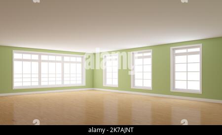 Leere Ecke des grünen Interieors mit vier Fenstern, hellem, glänzendem Parkettboden und einem weißen Sockel. Zimmer mit perspektivischer Aussicht. 3D Rendern mit einem Stockfoto