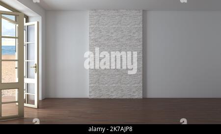 Inneneinrichtung mit weißer Wand. Leeres Hotelzimmer mit offenen Türen und Blick auf den Strand, den gelben Sand und die Wolken. Dunkles Parkett, Weißer Stuck mit Ziegelstein Stockfoto