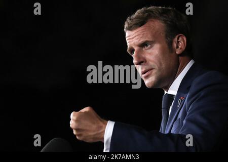 © Pool/Stéphane Lemouton/MAXPPP Liban, Beyrouth, 2020/09/02 Le Président de la République Emmanuel Macron donne une conférence de Presse à la Résidence des Pins à l'issue de sa Visite à Beyrouth au Liban, le 1er septembre 2020. Stockfoto