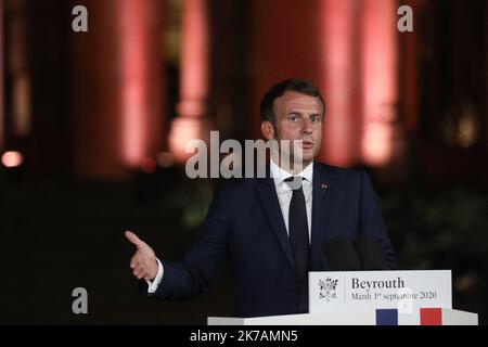 © Pool/Stéphane Lemouton/MAXPPP Liban, Beyrouth, 2020/09/02 Le Président de la République Emmanuel Macron donne une conférence de Presse à la Résidence des Pins à l'issue de sa Visite à Beyrouth au Liban, le 1er septembre 2020. Stockfoto