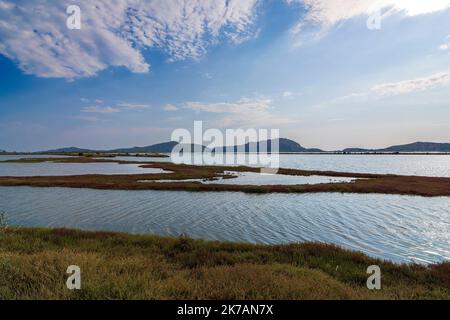Blick auf die Lagune von gialova. Die Lagune von gialova ist eines der wichtigsten Feuchtgebiete in Europa. Griechenland. Stockfoto