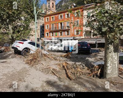 VaLC/Maxppp - Ein General der Flutflut aufgrund von Starkregen durch den Sturm „Alex“ in Breil sur Roya, Frankreich, 03. Oktober 2020. Es wird mit Starkregen und nassem Wetter gerechnet, da Sturm Alex Südfrankreich beeinflusst. Stockfoto