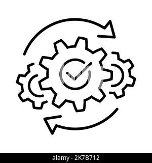 Symbol für erfolgreiche Operationen oder Projekte. Zahnräder mit Häkchen und Pfeilen, dünne Linie, Symbol in Schwarz. Effektive Integration Zeichen auf weiß. Einfacher Start Stock Vektor