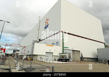 ©PHOTOPQR/L'ALSACE/Thierry GACHON ; Fessenheim ; 06/10/2020 ; Le bâtiment de la salle des machines de la centrale nucléaire de Fessenheim à l'arrêt depuis le 30 juin 2020, le 6 octobre 2020. - Das Kernkraftwerk Fessenheim befindet sich in der Gemeinde Fessenheim im Departement Haut-Rhin in Grand Est im Nordosten Frankreichs Stockfoto