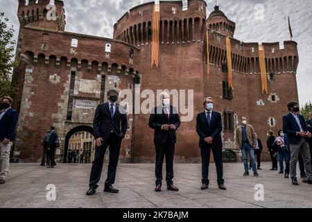 ©PHOTOPQR/L'INDEPENDANT/Nicolas Parent ; Perpignan ; 09/10/2020 ; Conférence de Presse des trois anciens présidents d ela généralitat de Catalunya, Quim Torra, Carles Puigdemont, et Artur Mas, réunis à Perpignan. Der katalanische Separatistenpräsident Quim Torra, das Europaabgeordnete und der ehemalige katalanische Präsident Carles Puigdemont und der ehemalige katalanische Regionalpräsident Artur Mas, die letzten drei Präsidenten der katalanischen Region, halten am 9. Oktober 2020 eine Pressekonferenz in Perpignan, Südwest-Frankreich. Stockfoto