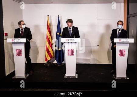 ©PHOTOPQR/L'INDEPENDANT/Nicolas Parent ; Perpignan ; 09/10/2020 ; Conférence de Presse des trois anciens présidents d ela généralitat de Catalunya, Quim Torra, Carles Puigdemont, et Artur Mas, réunis à Perpignan. Der katalanische Separatistenpräsident Quim Torra, das Europaabgeordnete und der ehemalige katalanische Präsident Carles Puigdemont und der ehemalige katalanische Regionalpräsident Artur Mas, die letzten drei Präsidenten der katalanischen Region, halten am 9. Oktober 2020 eine Pressekonferenz in Perpignan, Südwest-Frankreich. Stockfoto