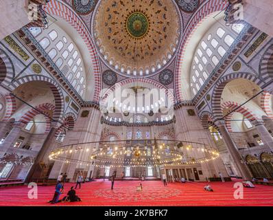 ISTANBUL, TÜRKEI - 22. JULI 2019: Innenraum der Suleymaniye Moschee in Istanbul, Türkei Stockfoto