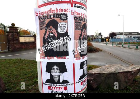 ©PHOTOPQR/L'ALSACE/Thierry GACHON ; Colmar ; 23/10/2020 ; Une semaine après l'assassinat de Samuel Paty, Des affiches reduisant la une du Journal Charlie Hebdo avec la caricature de Mahomet dessinée par Cabu 'C'est dur d'être aimé par les cons' ont été collées dans la nuit du 23 octobre 2020 sur les colonnes Morris de Colmar (Haut-Rhin) avec le message suivant : 'En France on est libre de dire ceci' et 'ILS ne passeront pas', suivi de 'Liberté Egalité Fraternité...' (Rue du Logelbach à Colmar). Eine Woche nach dem Attentat auf Samuel Paty, Plakate, die die Titelseite des Charlie reproduzieren Stockfoto