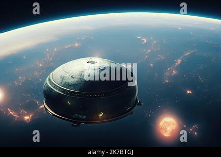 Alien-Raumschiff im Weltraum. UFO, nicht identifiziertes fliegendes Objekt, hoch oben am Himmel. Konzept von Alien-Invasion und außerirdischem Leben. Stockfoto