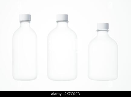 Drei verschiedene Kosmetikflaschen auf weißem Hintergrund 3D Render, Klarglas-Pflegedosen mit Kunststoffkappen isoliert, Design-fertige Verpackung Stockfoto