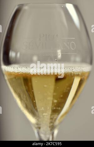 ©PHOTOPQR/L'EST REPUBLICAIN/ALEXANDRE MARCHI ; VINCELLES ; 19/06/2020 ; MAISON DE CHAMPAGNE PIOT SEVILLANO - VIGNERON INDEPENDANT. Vincelles 19 juin 2020. Des bulles de Champagne dans un verre. FOTO Alexandre MARCHI. Stockfoto